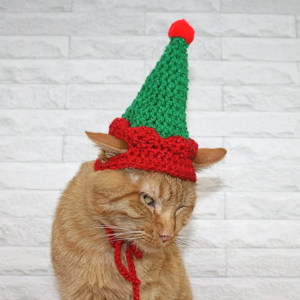 HAND CRAFTED Crochet Elf Cat Hat Costume Photo Prop Green Christmas Holiday - Picture 2 of 14